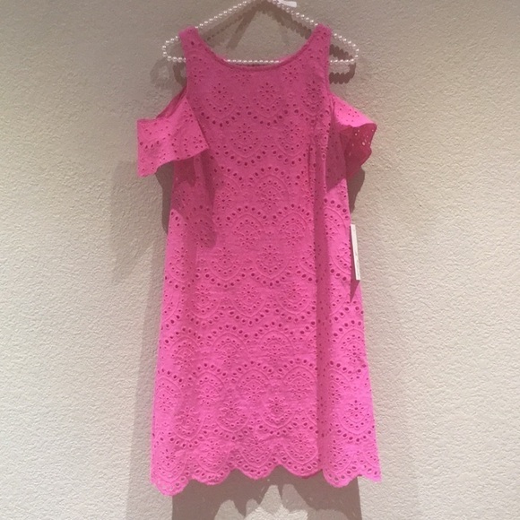 Eliza J Fuchsia Cold Shoulder Eyelet Dress 4 - Picture 2 of 8